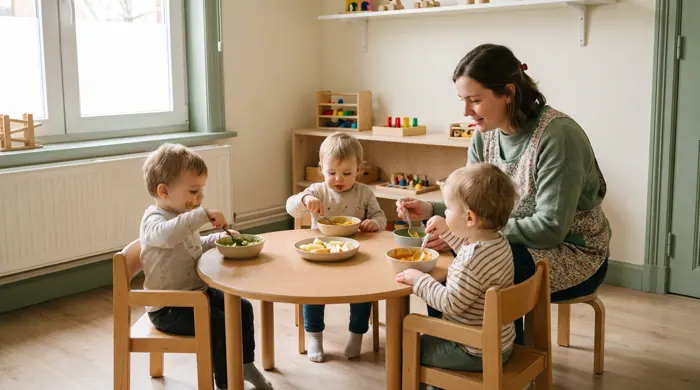 Begeleidster aan tafel met peuters die eten
