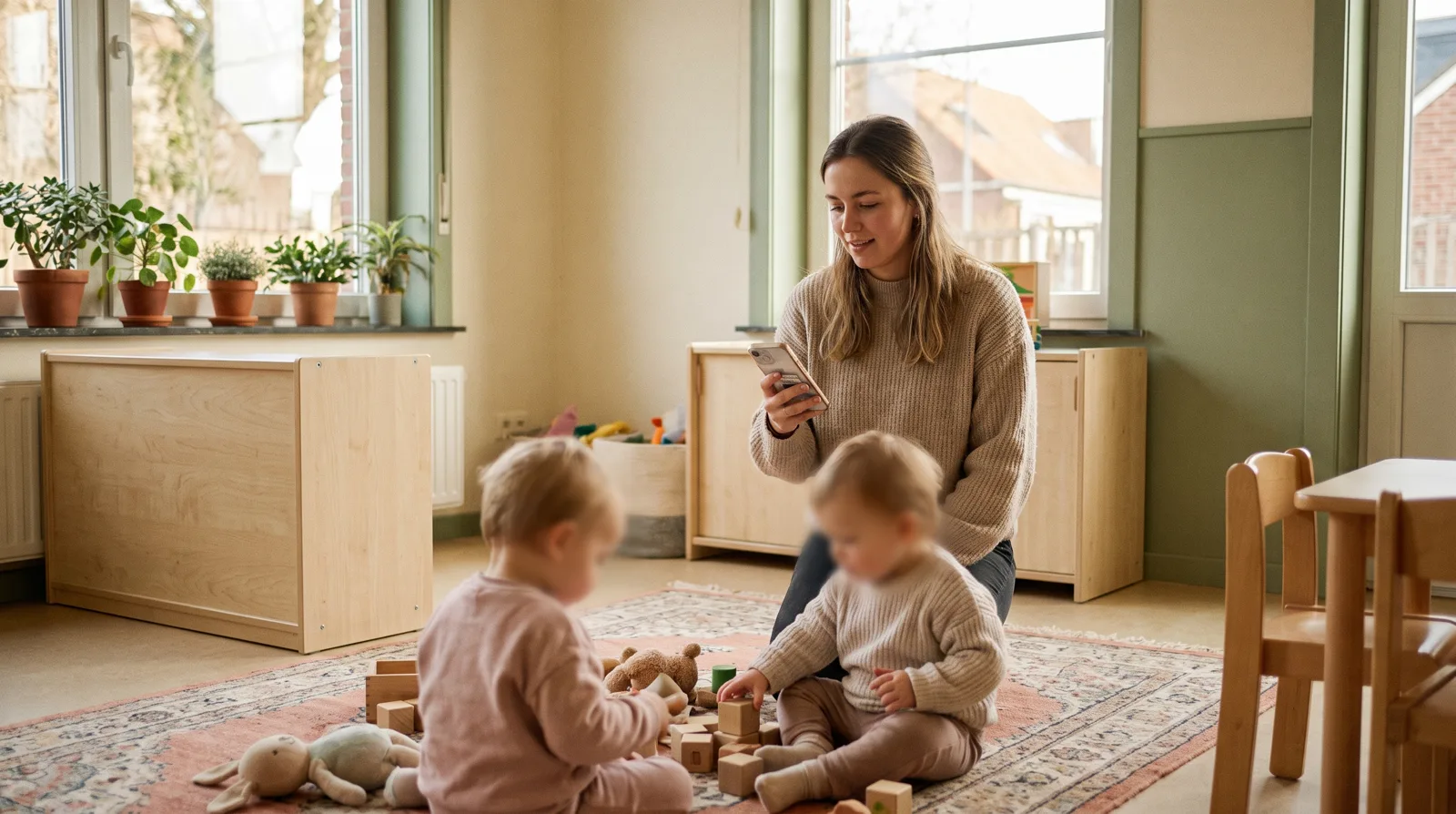 Begeleidster kijkt kort op haar telefoon terwijl kindjes spelen
