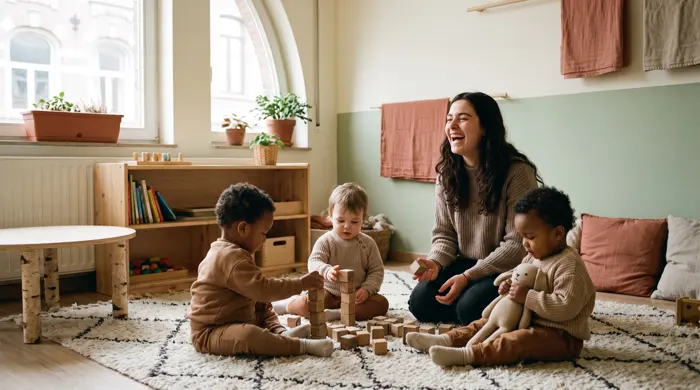 Kindjes spelen met houten speelgoed, begeleidster ertussen